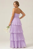 Strapless A-Line Lilac Pleated Chiffon Plus Size Long Bridesmaid Dress with Ruffles