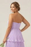 Strapless A-Line Lilac Pleated Chiffon Plus Size Long Bridesmaid Dress with Ruffles