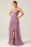 Detachable Straps A Line Purple Tiered Long Bridesmaid Dress