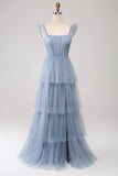 Dusty Blue A Line Tiered Tulle Corset Bridesmaid Dress with Slit