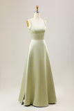 Dusty Sage A Line Spaghetti Straps Long Satin Bridesmaid Dress