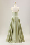 Dusty Sage A Line One Shoulder Long Satin Bridesmaid Dress