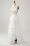Ivory A-Line Tulle Tiered Corset Long Wedding Dress with Slit