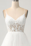 Ivory A-Line Tulle Tiered Corset Long Wedding Dress with Slit