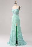 Green Mermaid Spaghetti Straps Sequins Long Ball Dress with Slit