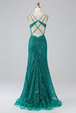 Dark Green Sparkly Mermaid Spaghetti Straps Corset Ball Dress With Slit