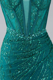 Dark Green Sparkly Mermaid Spaghetti Straps Corset Ball Dress With Slit