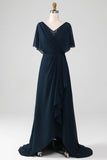 Navy A-Line V-Neck Plus Size Chiffon Mother of the Bride Dress with Ruffles