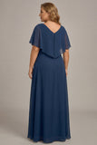 Navy A-Line V-Neck Plus Size Chiffon Mother of the Bride Dress with Ruffles