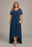 Navy A-Line V-Neck Plus Size Chiffon Mother of the Bride Dress with Ruffles