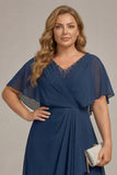 Navy A-Line V-Neck Plus Size Chiffon Mother of the Bride Dress with Ruffles
