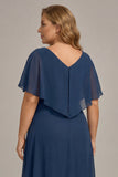 Navy A-Line V-Neck Plus Size Chiffon Mother of the Bride Dress with Ruffles
