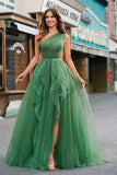 Dark Green Tulle A-Line One-Shoulder Long Ball Dress with Slit