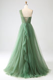 Dark Green Tulle A-Line One-Shoulder Long Ball Dress with Slit