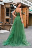 Dark Green Tulle A-Line One-Shoulder Long Ball Dress with Slit