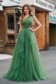 Dark Green Tulle A-Line One-Shoulder Long Ball Dress with Slit