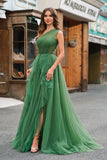 Dark Green Tulle A-Line One-Shoulder Long Ball Dress with Slit