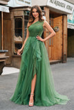 Dark Green Tulle A-Line One-Shoulder Long Ball Dress with Slit