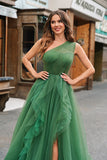 Dark Green Tulle A-Line One-Shoulder Long Ball Dress with Slit