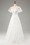 Ivory A-Line Puff Sleeves Wedding Dress with Appliques