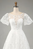 Ivory A-Line Puff Sleeves Wedding Dress with Appliques