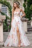 Ivory Flower A Line Sweetheart Embroidered Corset Long Ball Dress with Slit