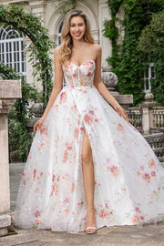 Ivory Flower A Line Sweetheart Embroidered Corset Long Ball Dress with Slit