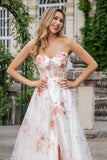 Ivory Flower A Line Sweetheart Embroidered Corset Long Ball Dress with Slit