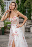 Ivory Flower A Line Sweetheart Embroidered Corset Long Ball Dress with Slit