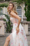 Ivory Flower A Line Sweetheart Embroidered Corset Long Ball Dress with Slit