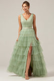 Green Tiered A Line V-Neck Tulle Long Ball Dress with Slit