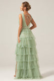 Green Tiered A Line V-Neck Tulle Long Ball Dress with Slit