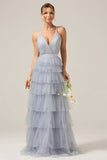 Grey Blue A Line Tiered Tulle Ball Dress