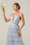 Grey Blue A Line Tiered Tulle Ball Dress