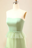 A-Line Strapless Matcha Tiered Long Bridesmaid Dress with Ruffles