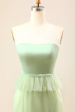 A-Line Strapless Matcha Tiered Long Bridesmaid Dress with Ruffles