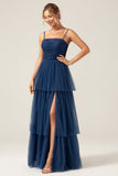 A Line Spaghetti Straps Tiered Navy Tulle Pleated Ball Dress with Slit