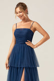 A Line Spaghetti Straps Tiered Navy Tulle Pleated Ball Dress with Slit