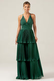 A-Line Tiered Chiffon Dark Green Long Bridesmaid Dress with Pleats
