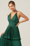 A-Line Tiered Chiffon Dark Green Long Bridesmaid Dress with Pleats
