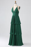 A-Line Dark Green Tiered Chiffon Bridesmaid Dress with Pleated