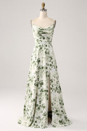 Cowl Neck Green Floral A Line Ball Dress with Slit