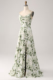 Cowl Neck Green Floral A Line Prom Dress with Slit