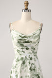 Cowl Neck Green Floral A Line Ball Dress with Slit