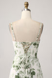 Cowl Neck Green Floral A Line Ball Dress with Slit