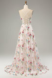 Ivory Flower A-Line Spaghetti Straps Corset Long Ball Dress With Slit