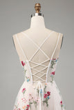 Ivory Flower A-Line Spaghetti Straps Corset Long Ball Dress With Slit