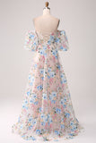 A-Line Apricot Flower Off the Shoulder Long Corset Ball Dress