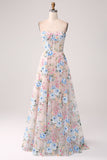 A-Line Apricot Flower Off the Shoulder Long Corset Ball Dress