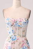 A-Line Apricot Flower Off the Shoulder Long Corset Ball Dress